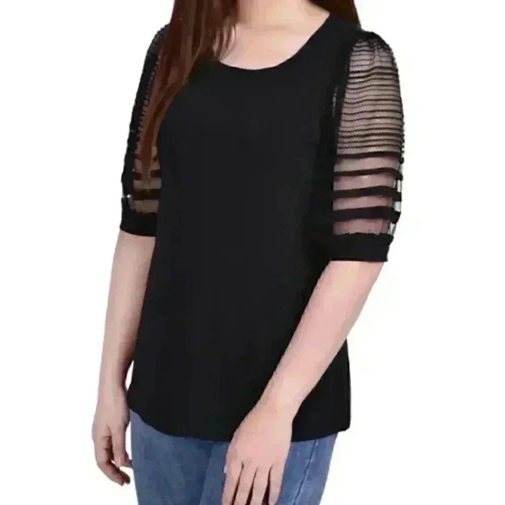 NY Collection Women's Black Poly/Spandex Knit Lace Half Length Sleeve Top EUC